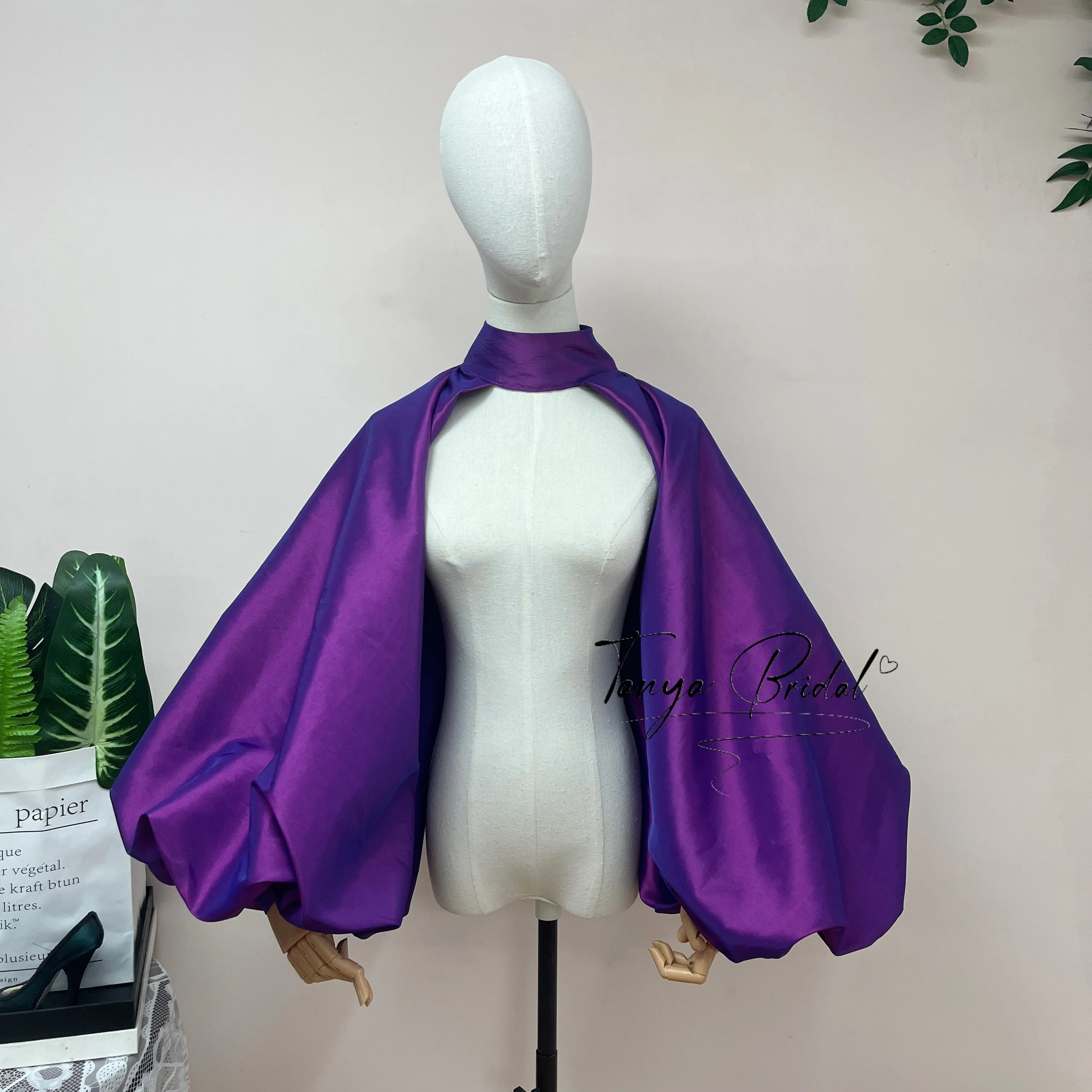 purple-taffeta-high-neck-bolero-jacket-giant-puff-sleeve-back-button-cape-shrug-wedding-evening-dress-cover-up