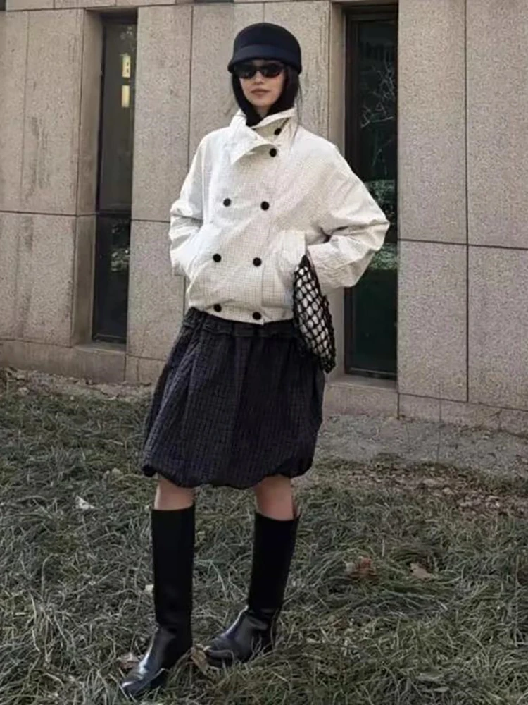 Casual Plaid Lapel Collar Coat Women Elegant Double Breasted Elastic Waist Long Sleeve Loose Jackets 2026 Autumn Daily Outerwear