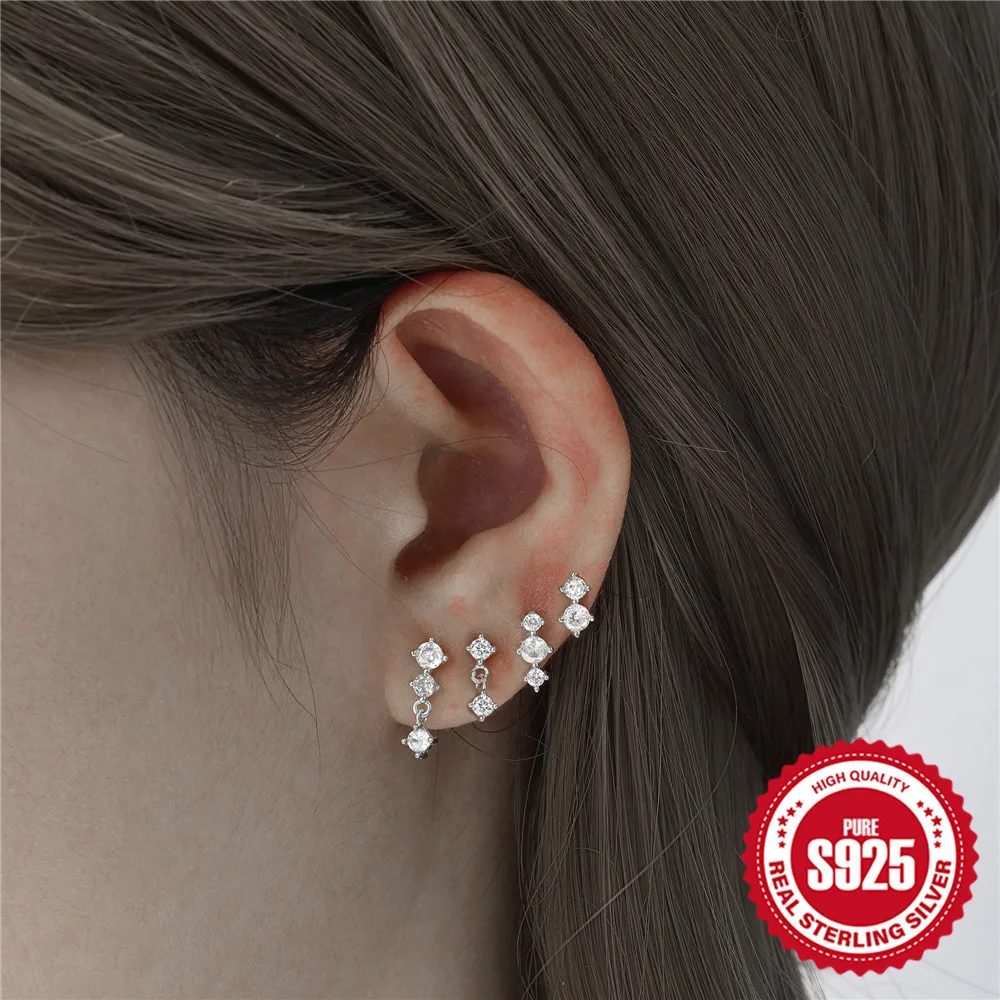 100% 925 Sterling Silver Zircon Geometric Earrings for Woman Girl Simple Irregular Round Design Jewelry Party Gift Dropshipping