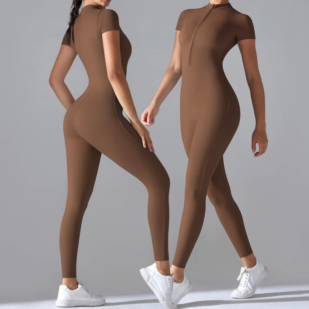 Women Bodysuits Fitness Overalls Jumpsuit Sports Yoga Suit Zipper Short Sleeve one piece Gym Push Up Workout Clothes Shapewear