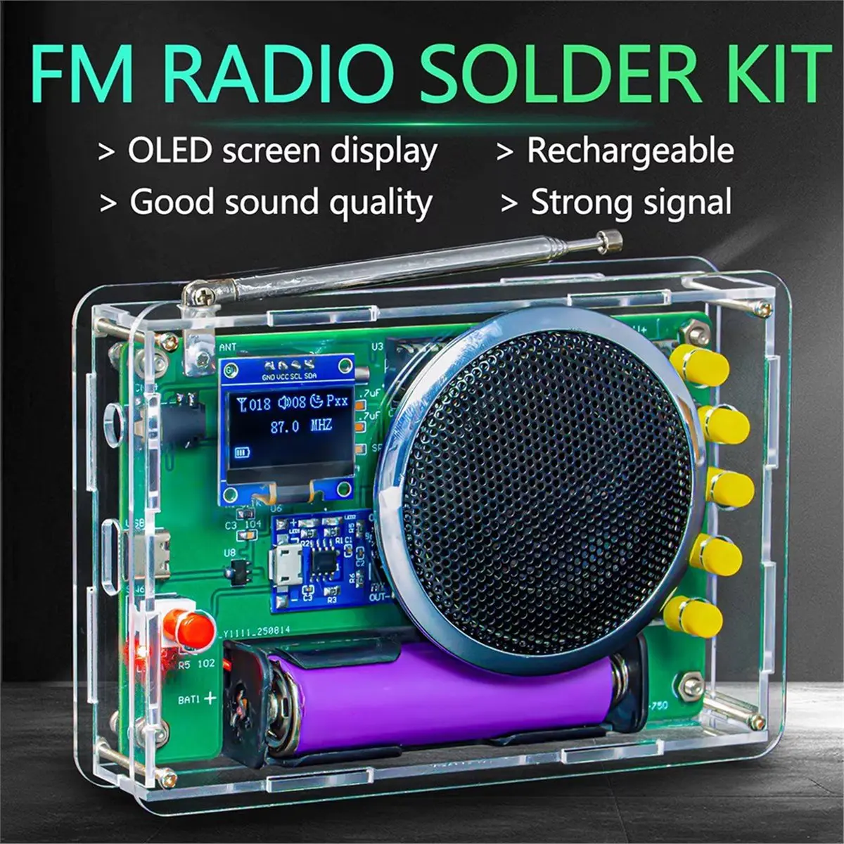 Doings New DIY FM Radio Kit 87MHz-108MHz with OLED Display 3W Speaker Electronic Soldering Project RDA5807 DC3.7V USB Type-C