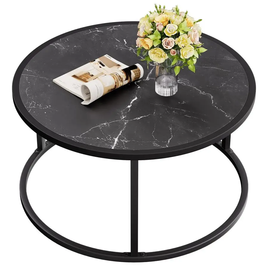

Black Coffee Table Round Marble CoffeeTables for Living Room Modern Small Center Table with Metal Frame, 27.6 27.6 17.7, Faux Ma