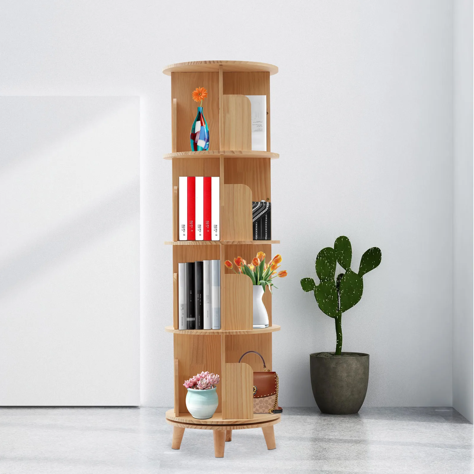 4-Layer Cylindrical Bookshelf Rotating Swivel Bookshelf Books Display Shelf Wood Book Holder