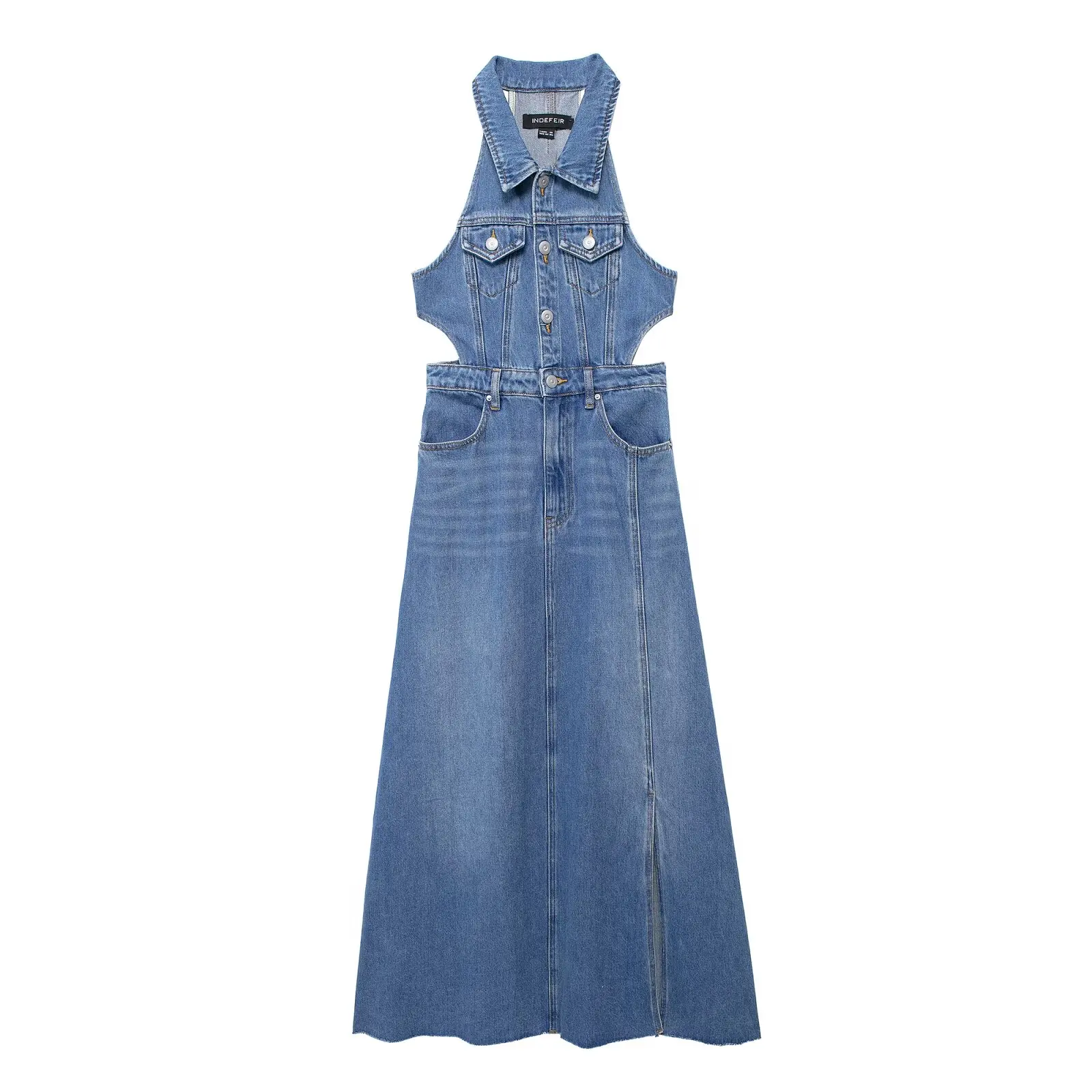 

American Style Halter Denim Dress Women Spring Summer Single Breasted Sexy Hollow Out Slit Dresses Chic Hotgirl Style Vestido