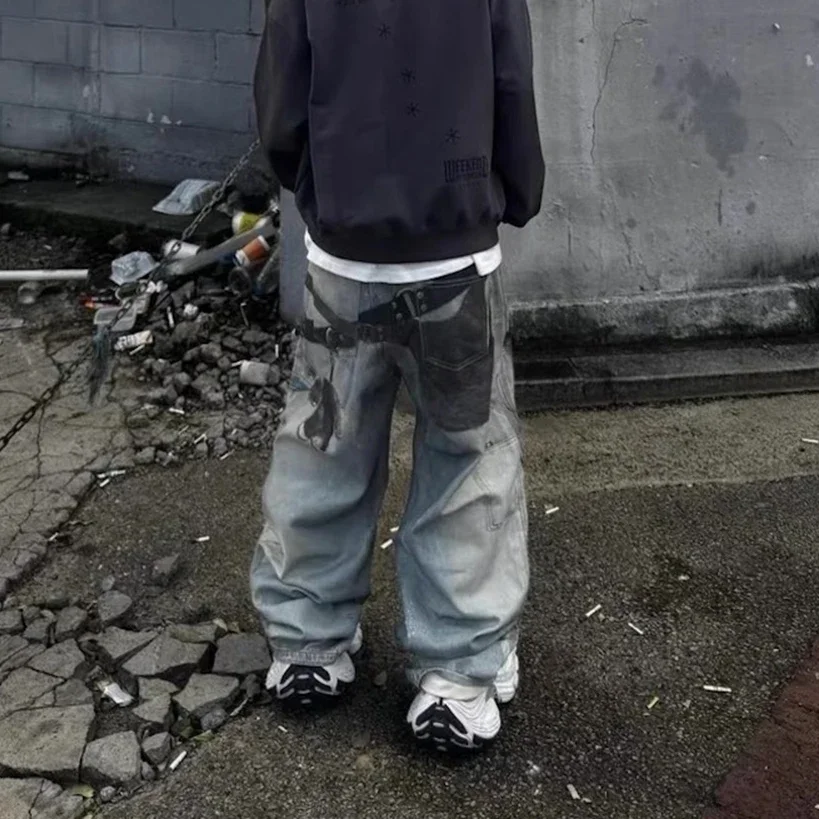 بنطال جينز Bagy مطبوع رقميًا على شكل قلب متعدد المفاتيح للرجال، بنطلون جينز فضفاض غير رسمي مغسول كبير الحجم