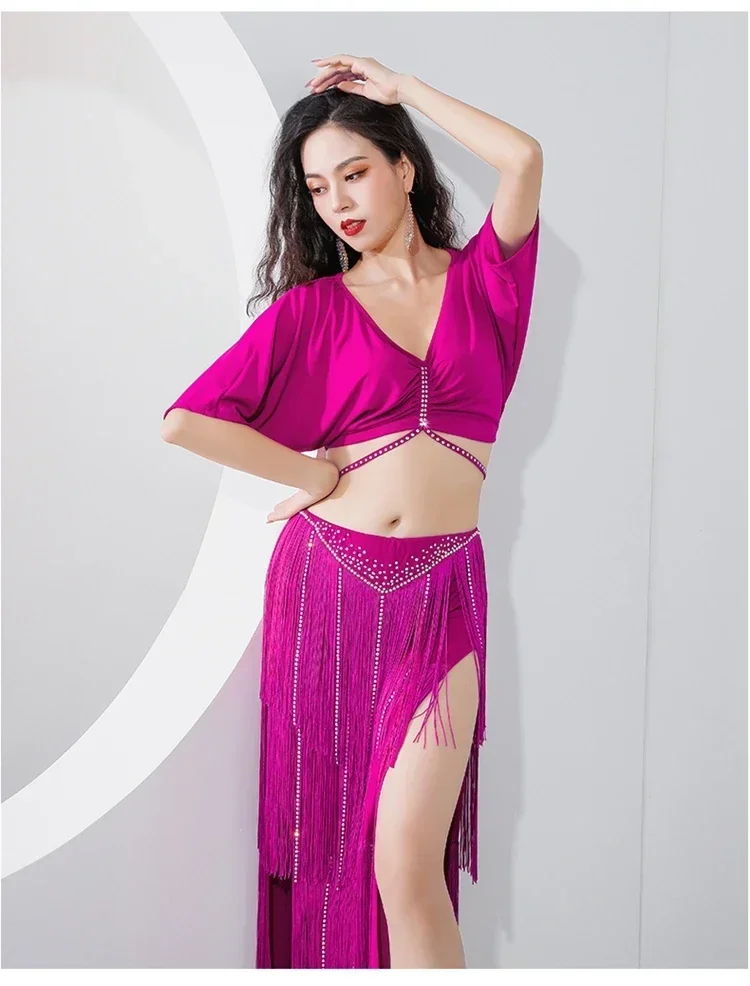 Women Drum Solo Dance Competition Fringes Hip Skirt Oriental Dance Outfit Sexy V Neck Belly Dance Costume Set 2pcs Top Skirt