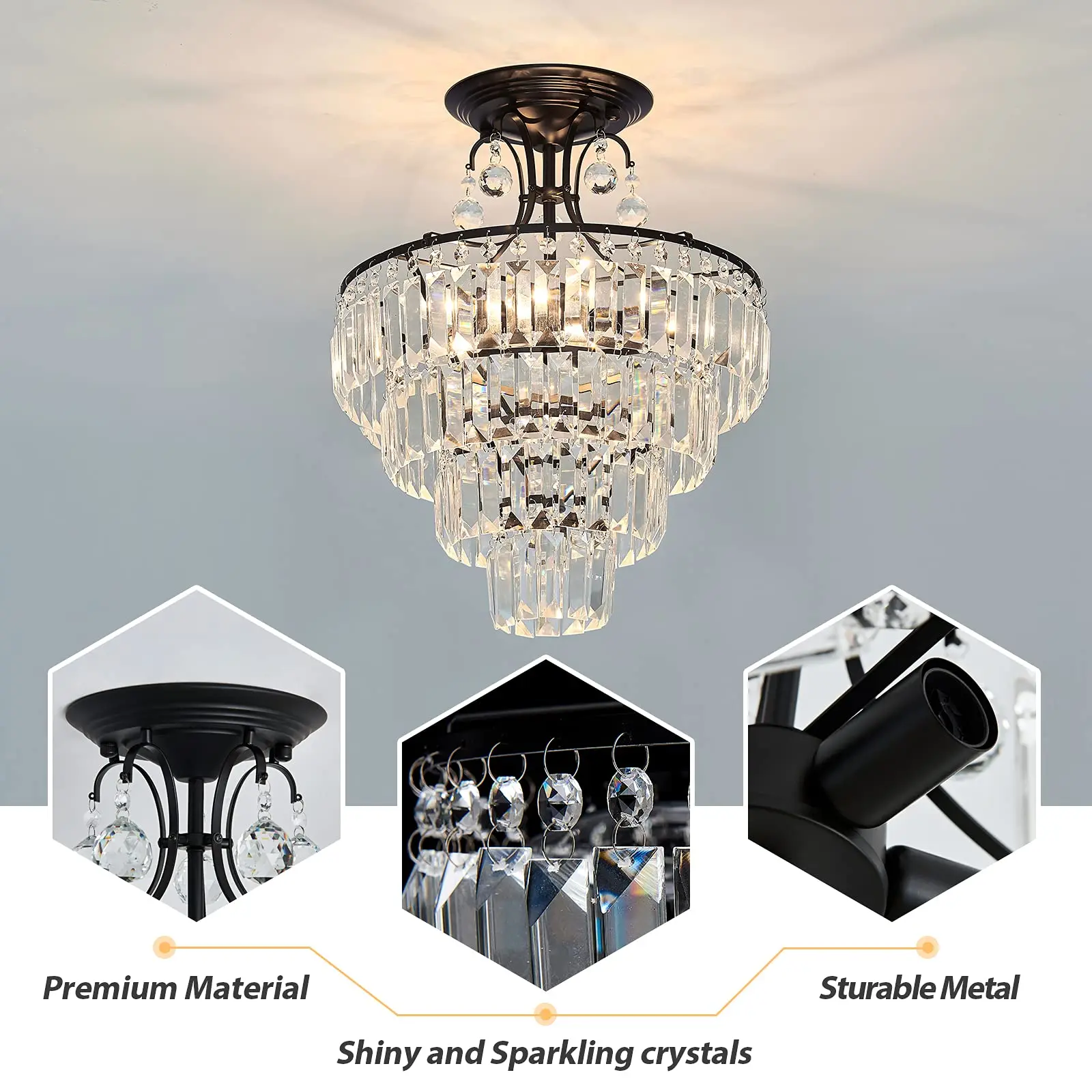 

4-light crystal gold pendant lamp semi embedded ceiling light with E12 ceiling lighting, suitable for bedrooms and living rooms