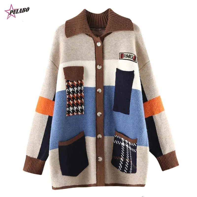 

PULABO Autumn Winter Women Long Cardigan y2k Contrast Print Pocket Button Oversize Sweater Cardigan Female Street Jacket Coat