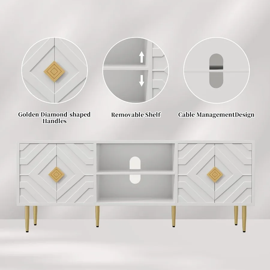 حامل تلفزيون أبيض مقاس 63 بوصة لمركز الترفيه التلفزيوني 65 70 75 بوصة مع خزائن تخزين وأبواب نمط منقوشة في منتصف القرن