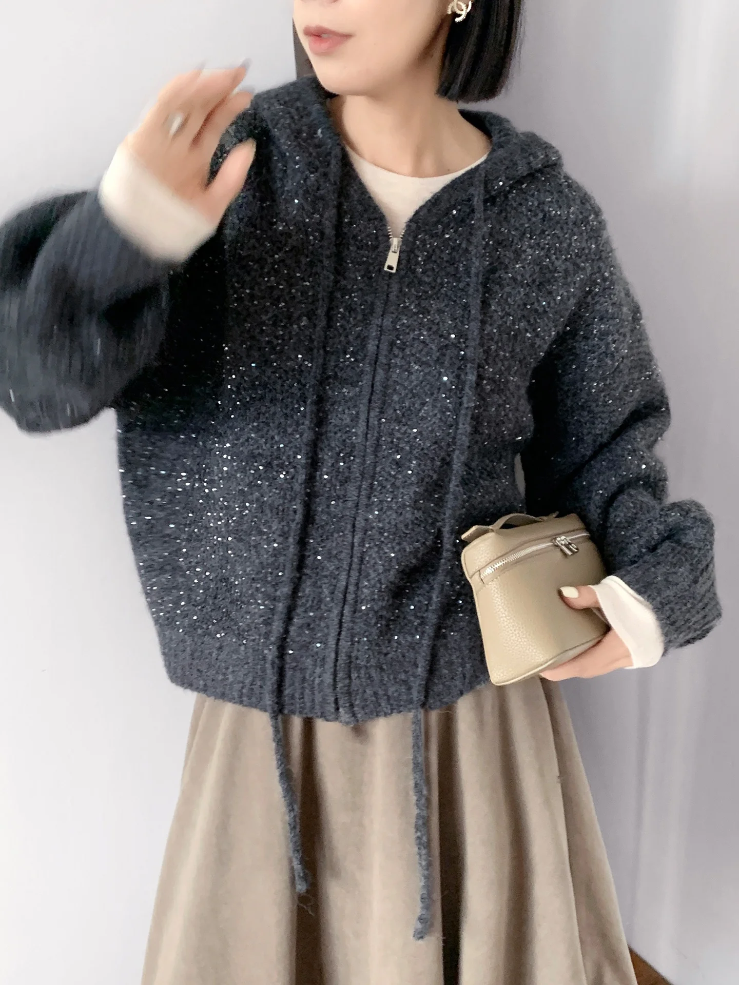 

LUTONG Autumn Winter New Casual Lazy Sle Hooded Knitted Open Cardigan Sequin Sweater Jaet Women's Thiened Long Sve Coat