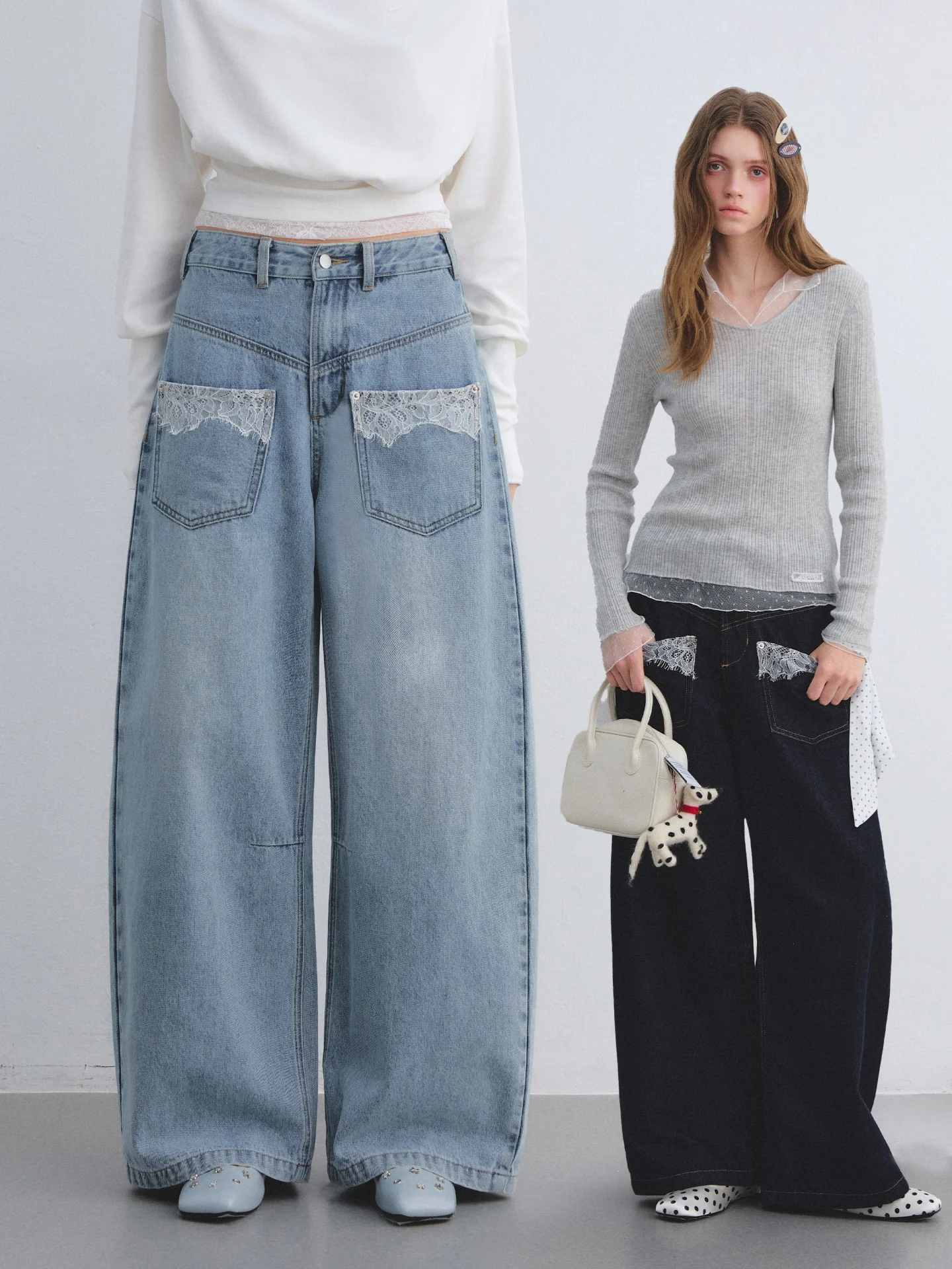 

Джинсы AsGony с винтажными кружевными вставками и широкими штанинами, универсальные женские джинсы для повседневной носки, с застежкой на пуговицах на талии