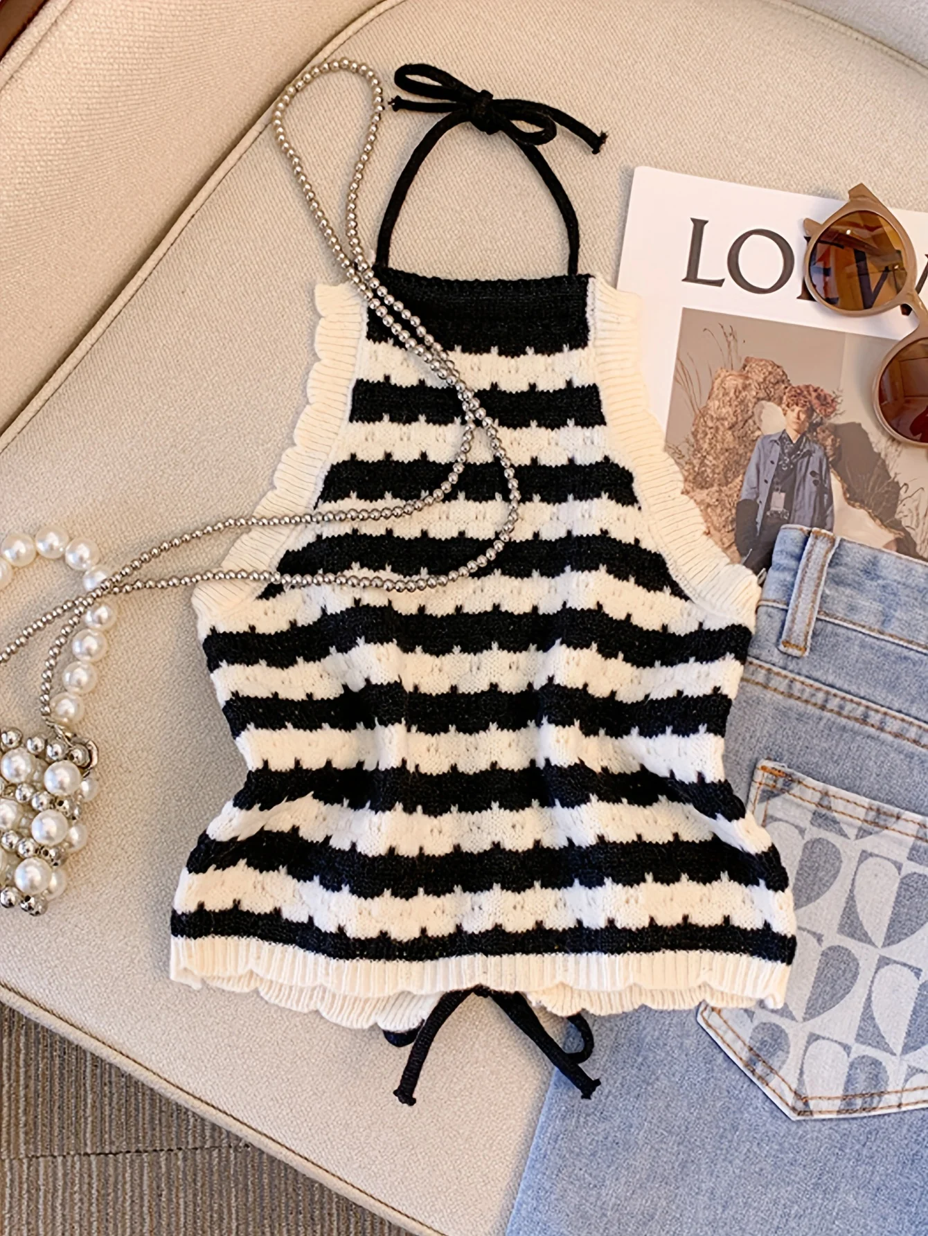 Women Black White Striped Halter Knit Cami Top Edge Hollow Out Tie Back Sleeveless Stretchy Cropped Y2K Summer Knit Tank Vest