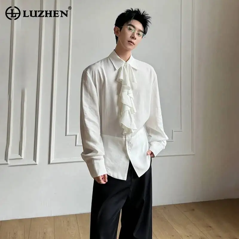 

LUZHEN 2026 New French Style Ruched Necktie Decorate Long Sleeve Shirts Men's High Quality Breathable Casual Male Tops JY6774