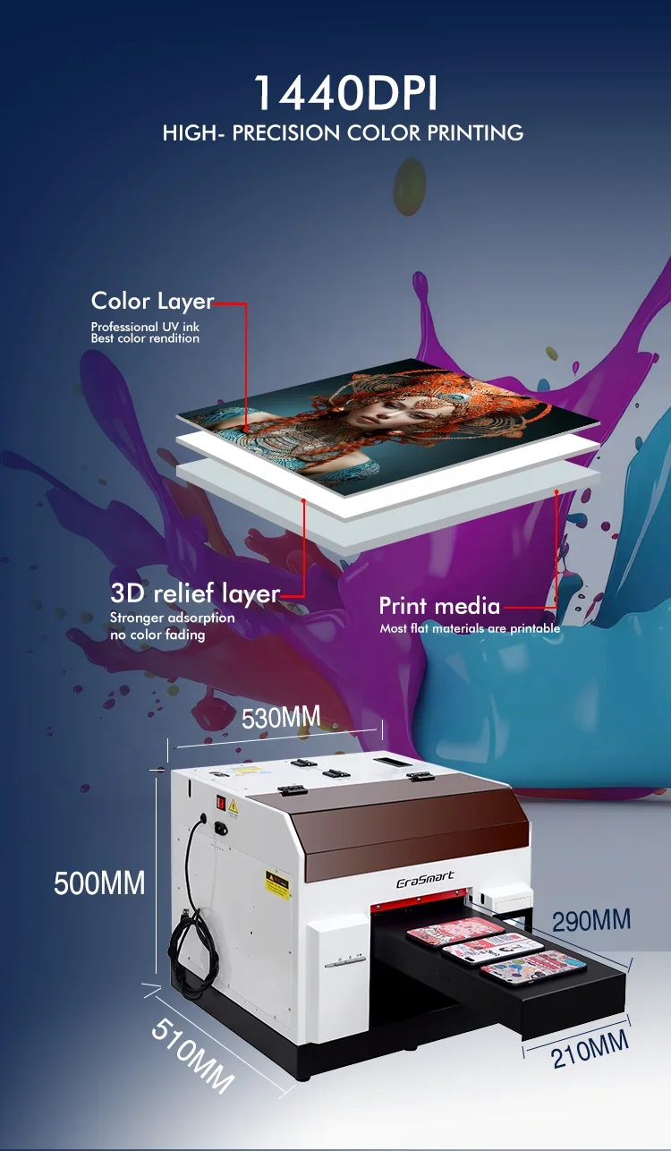 EraSmart Mini A4 UV Printer  Digital Inkjet Small Desktop Printing Machine Flatbed Printer  Uv Printer For Phone Case Printing