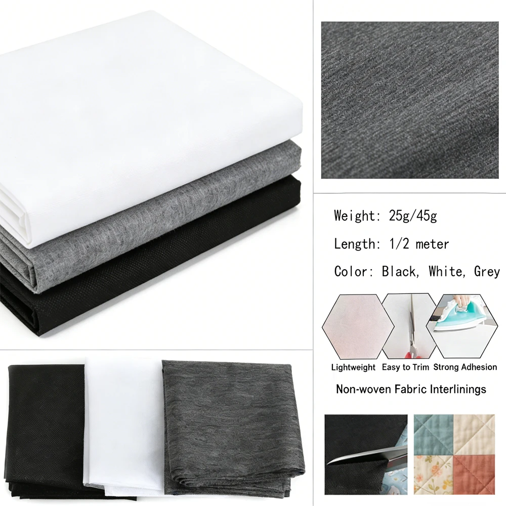 1/2M Non-Woven Fusible Interlining, White Black Grey Iron-On Adhesive Lining for Sewing, Single-Sided Patchwork Craft Fabric