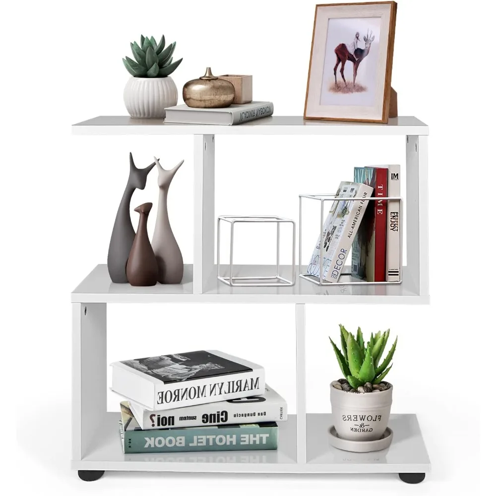 3-Tier Geometric Bookshelf, 24’’ Tall Wood S-Shaped Display Shelves with Thick Foot Pads, Freestanding Open Shelves Nightstand