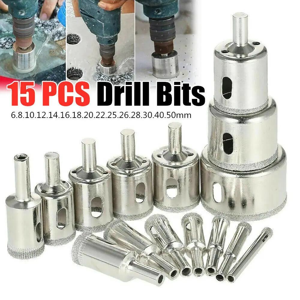 15pcs Diamond Hole Drill Bit Set Tile Coated Marble Glass Ceramic Porcelain Hole Saw Drilling Bits Kit Power Tools Accessories