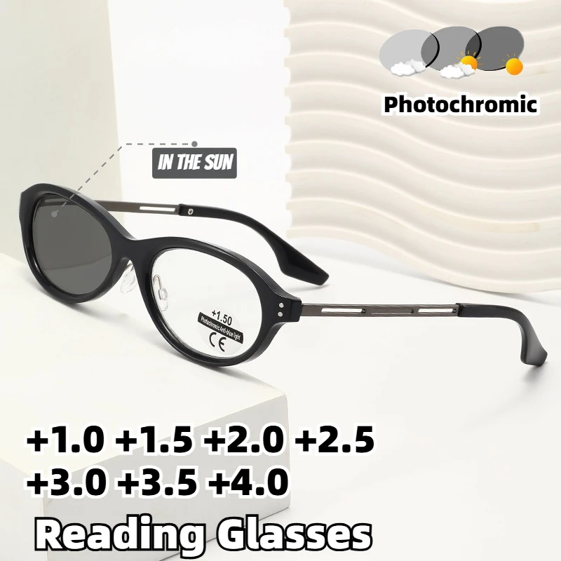 

Fashion Oval Photochromic Presbyopia Glasses Hollow Metal Anti UV Dual Use Indoor Outdoor Reading Eyeglasses +1.0~+4.0 Diopters