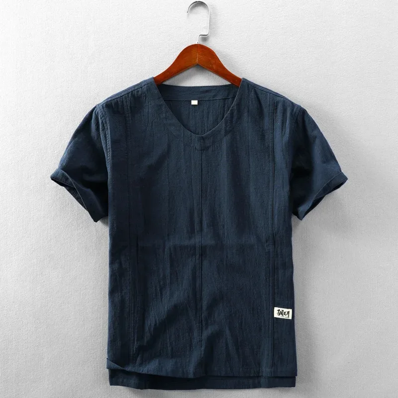 

Летняя мужская футболка с коротким рукавом, топы в продаже, японские стили, мужской простой тонкий пуловер для отдыха, хлопковая льняная футболка с v-образным вырезом