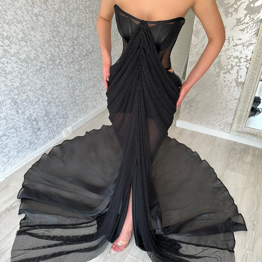 Sexy Lace Draped Strapless Floor Length Front Slit Straight Special Occasion Gowns Tulle Sleeveless Court Train Vestido De Festa