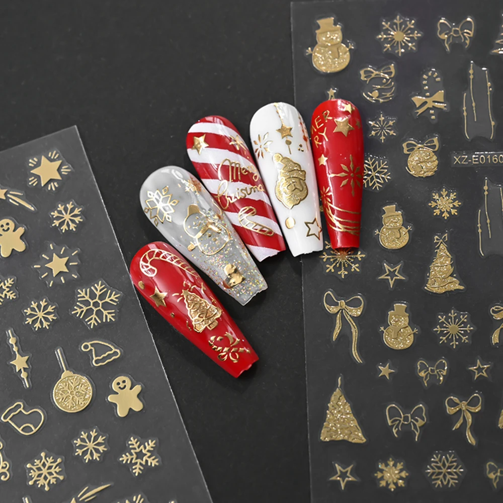 ﻿ 3D 블랙 골드 글리터 크리스마스 시리즈 네일 스티커 2025 신상 크리스마스 트리 오각별 뿔 디자인 네일 데칼 크리스마스 슬라이더 ﻿ ﻿