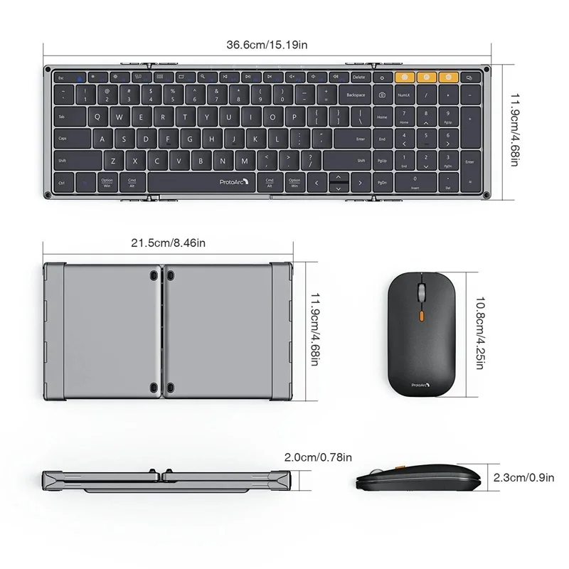 ProtoArc 折りたたみ式キーボードとマウス、XKM01 コンボ ビジネス トラベル用 2.4G+デュアル Bluetooth ポータブル ラップトップ iPad タブレット用