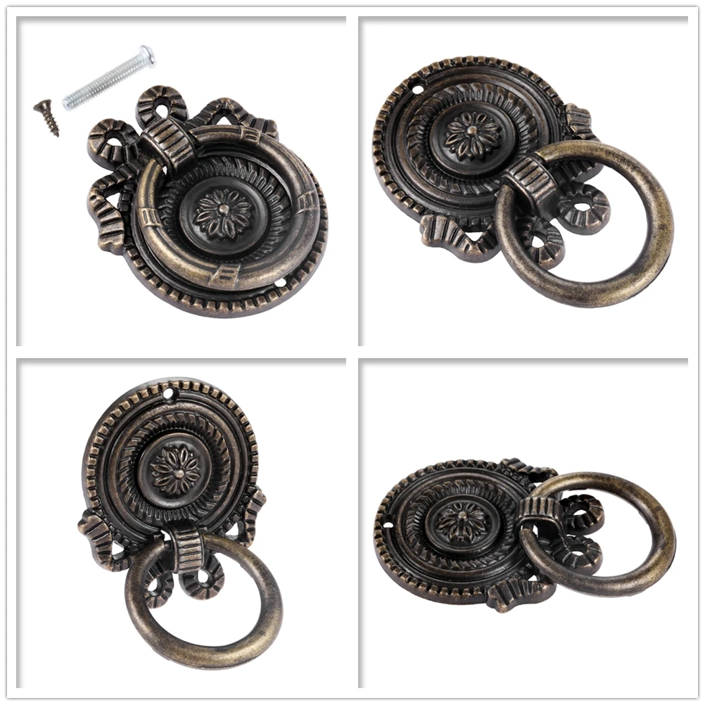 4pcs Ring Knob 65*50mm Single Hole Antique Bronze Retro Style Pattern Pull Handles w/screw Decor Cabinet Drawer Chest Wood Box