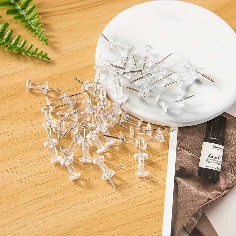 50pcs Clear Plastic Push Pins, Metal Nail For Wall Cork Boards/ Maps Calendars Photos Thumbtacks - Home Office Supplies