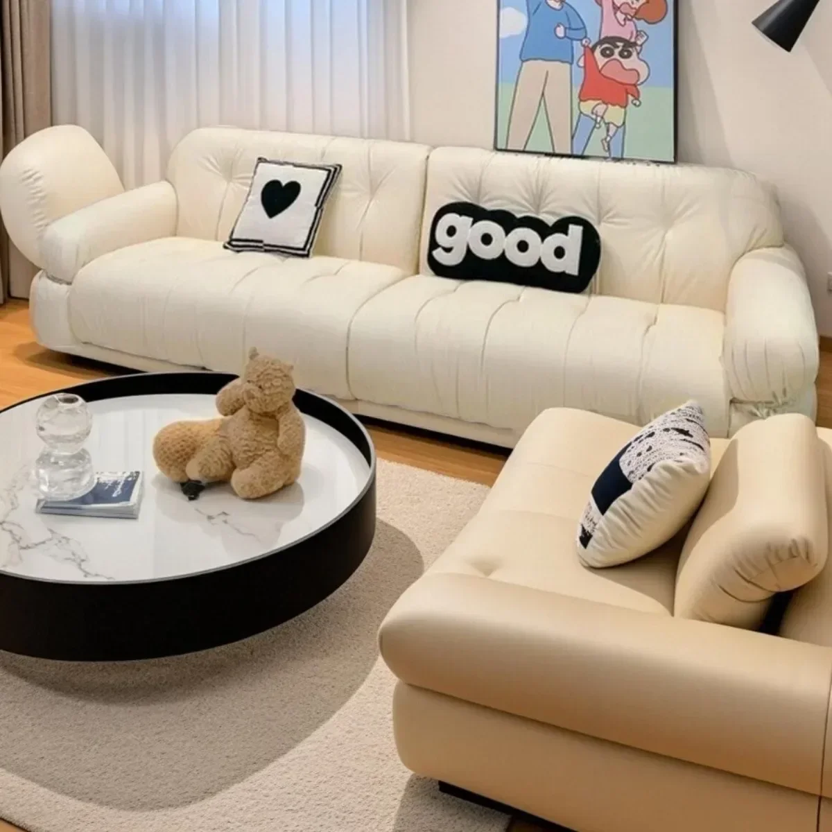 Leather sofa black simple leather art Internet celebrity small apartment bed and breakfast living room straight row American