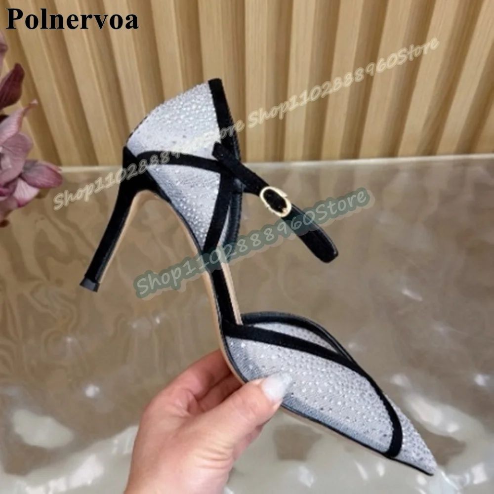 

Trending Sparkling Crystals Cross Strap Pointy Sandals Thin High Heel Women Shoes Ankle Buckle Strap Pointed Toe Banquet Sandals