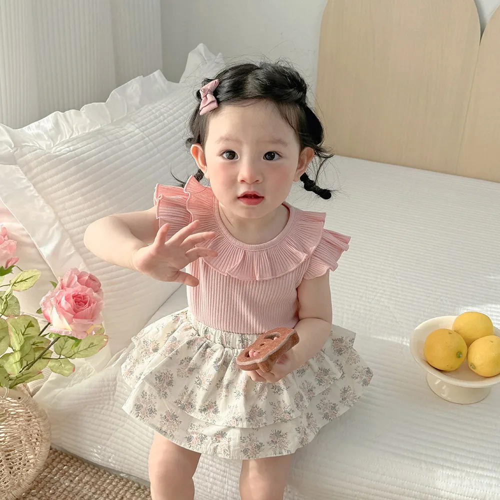 مجموعة الصيف للفتيات الصغيرات: بلوزة برقبة اللوتس المزينة بالأناناس الوردي + بذلة مطبوعة بالأزهار تنورة قصيرة حلوة ولطيفة من قطعتين #1