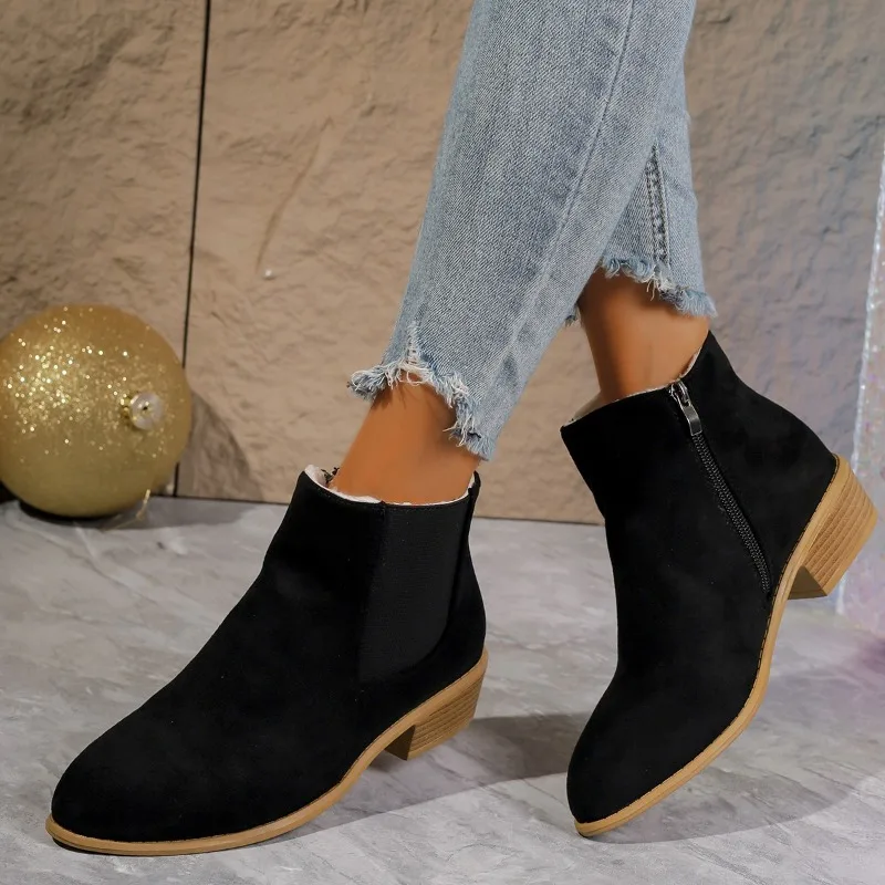 

2025 New Women's Winter Suede Pointed Toe Block Heel Boots Warm Inner Short Plush Side Zipper Low Heel Fashion Ankle Boots