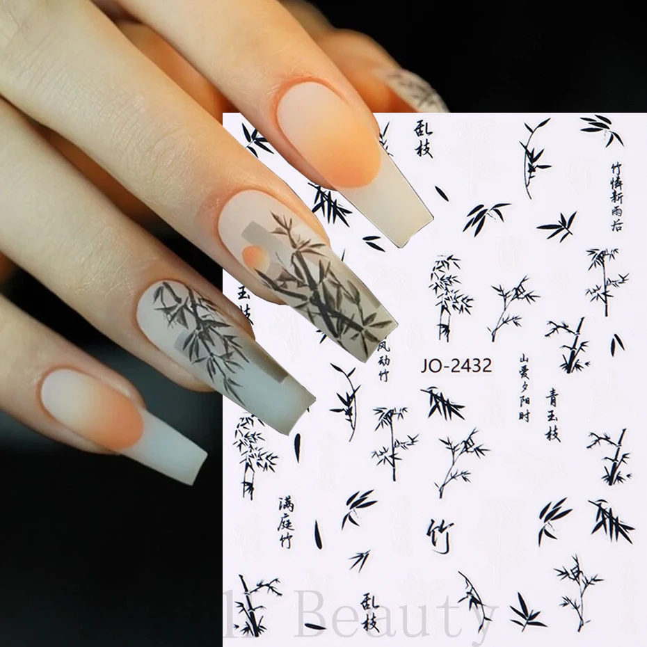 ตัวอักษรจีนสติกเกอร์เล็บบทคัดย่อ Art Words 3D ออกแบบ Sliders ภาพวาดหมึกดอกไม้ไม้ไผ่ Decals ฟอยล์อุปกรณ์แต่งเล็บ