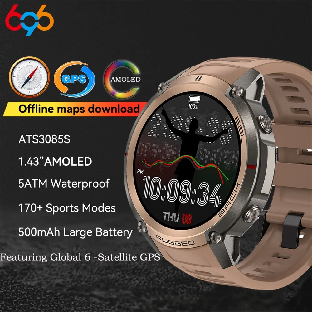 

GPS Outdoor Smart Watch Offline Map Download 5ATM Waterproof Blue Tooth Call Compass Heart Rate Health Sports AMOLED Smartwatch