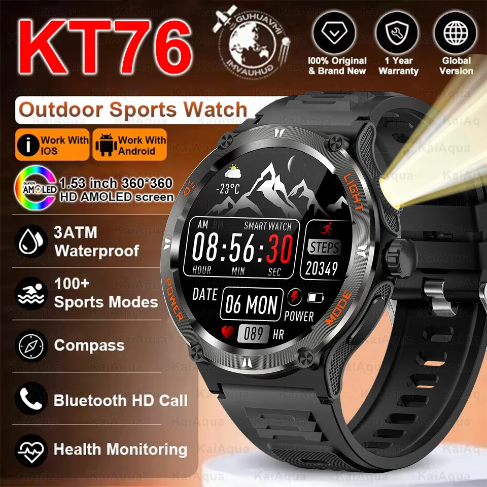 

Популярный уличный светодиодный фонарик, спортивные умные часы, мужские AMOLED-экранные компасы, 3 атм, водонепроницаемые HD BT, умные часы с пульсометром