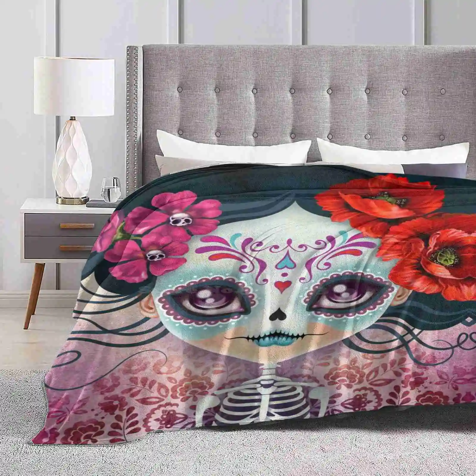 Amelia Calavera-Sugar Skull Creative Design Comfortable Warm Flannel Blanket Autumn November Bohemian Bones Calavera Day Of The