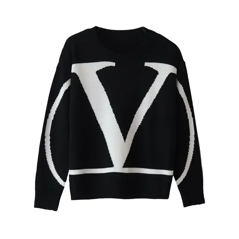 V-shaped Embroidered Sweater, Round Neck Loose Long Sleeved Knitted Shirt, Large Top, Autumn/winter, 2024 Novelty