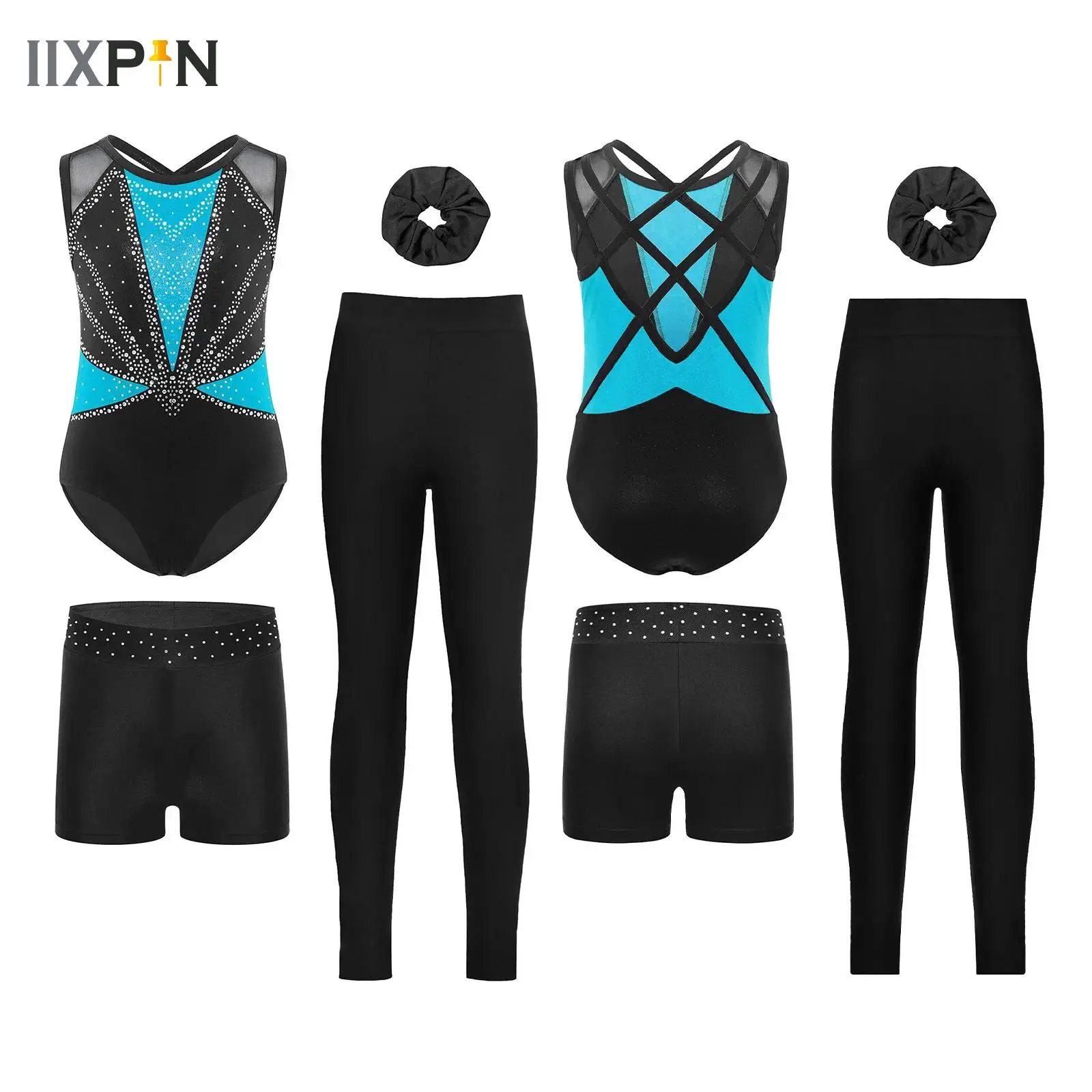 

Kids Girls Gymnastics Dance Sets Figure Skating Outfit Rhinestones Leotard with Leggings Shorts Hairband for Practice Sports