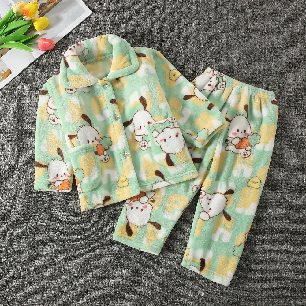 New Kids Boys Girls Autumn Winter Flannel Pajama Sets Cartoon Print Long Sleeve Lapel Tops with Pants Sleeping Clothing Sets