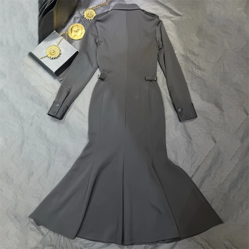 women's casual dresses New single breasted slim fit long dress for autumn 2026 lapel waist cinched fishtail dress party dress