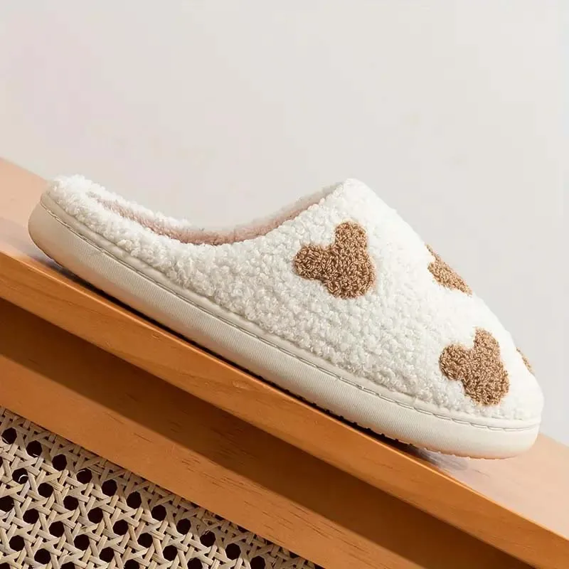 レディース刺繍入りテディベアスリッパ 秋冬用 快適で暖かい滑り止めホームスリッパ