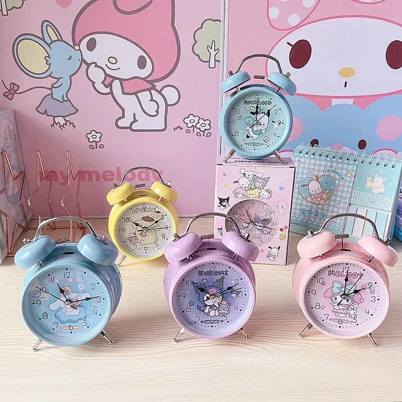 4 Inch Sanrios Anime Figure HelloKittys Cartoon Alarm Clock Kuromi Melody Desktop Bell Student Wake Up Clock Bedroom Silent Gift