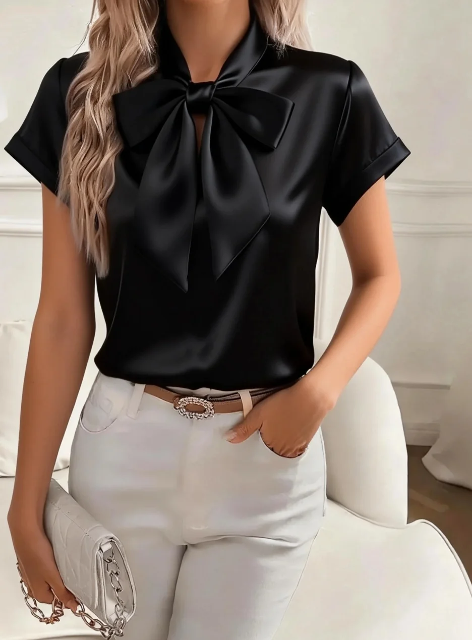 

Women's Short Sleeve Satin Bow Blouse Tie Neck Top