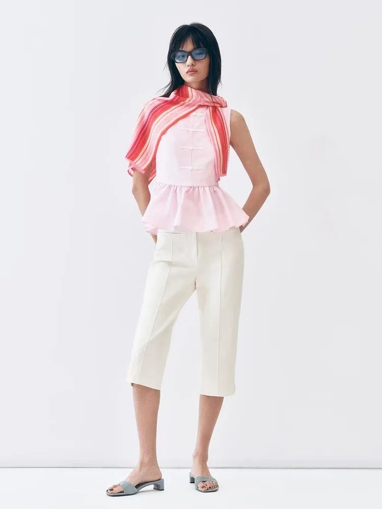 New Summer Women's Top without Sleeves Knot Decoration Short Skirt Hem round Neck Regular Length Chinese Style Fashionable