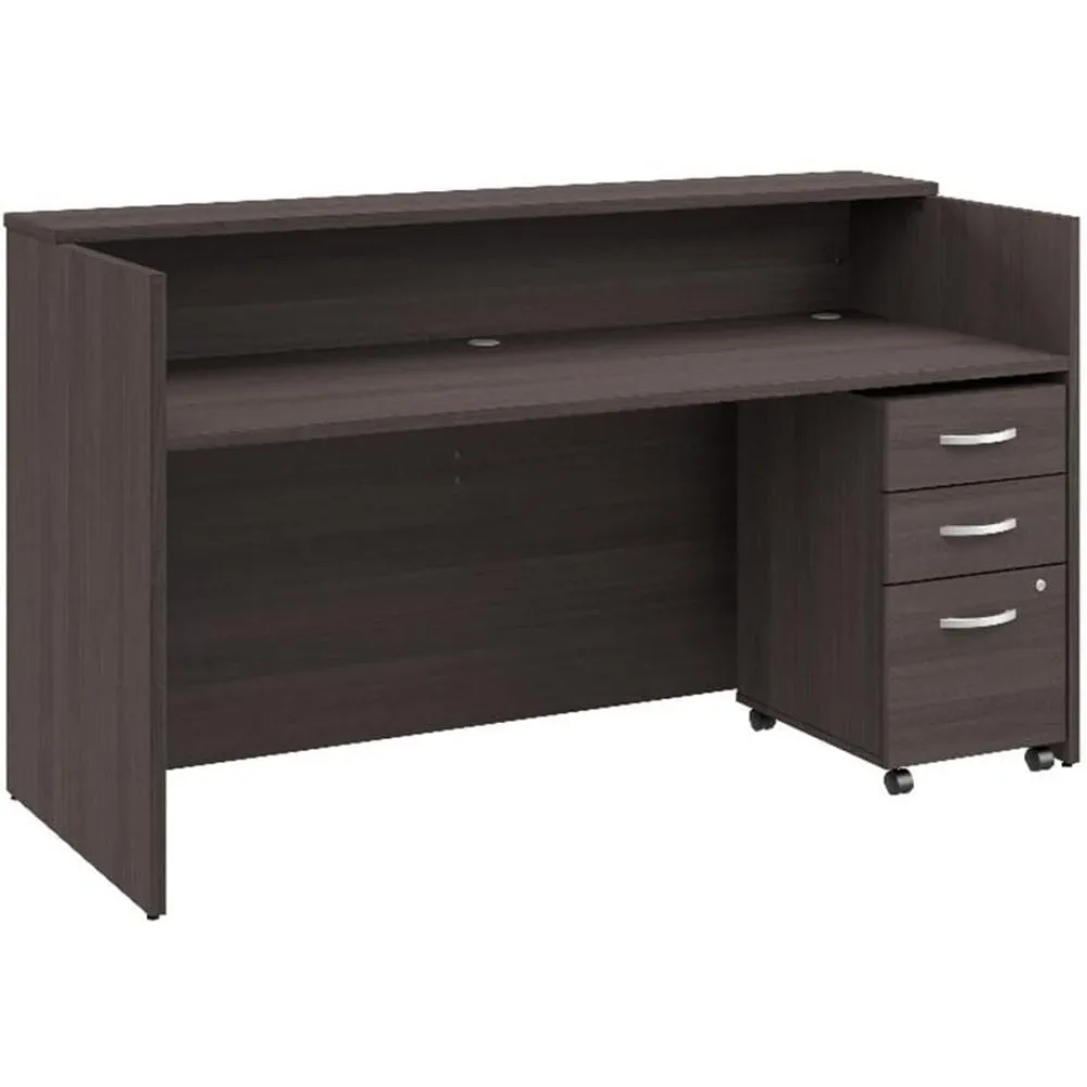 

bush business furniture 72"w x 30"d reception desk set including shelf and mobile file cabinet in storm gray finish