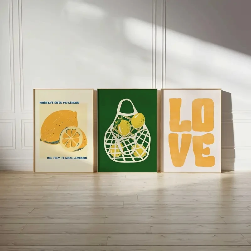 3pcs/Set Simple Lemon Wall Art Retro Yellow-green Canvas Poster, Picture Decoration, Living Room, Kitchen Dining Room Decoration