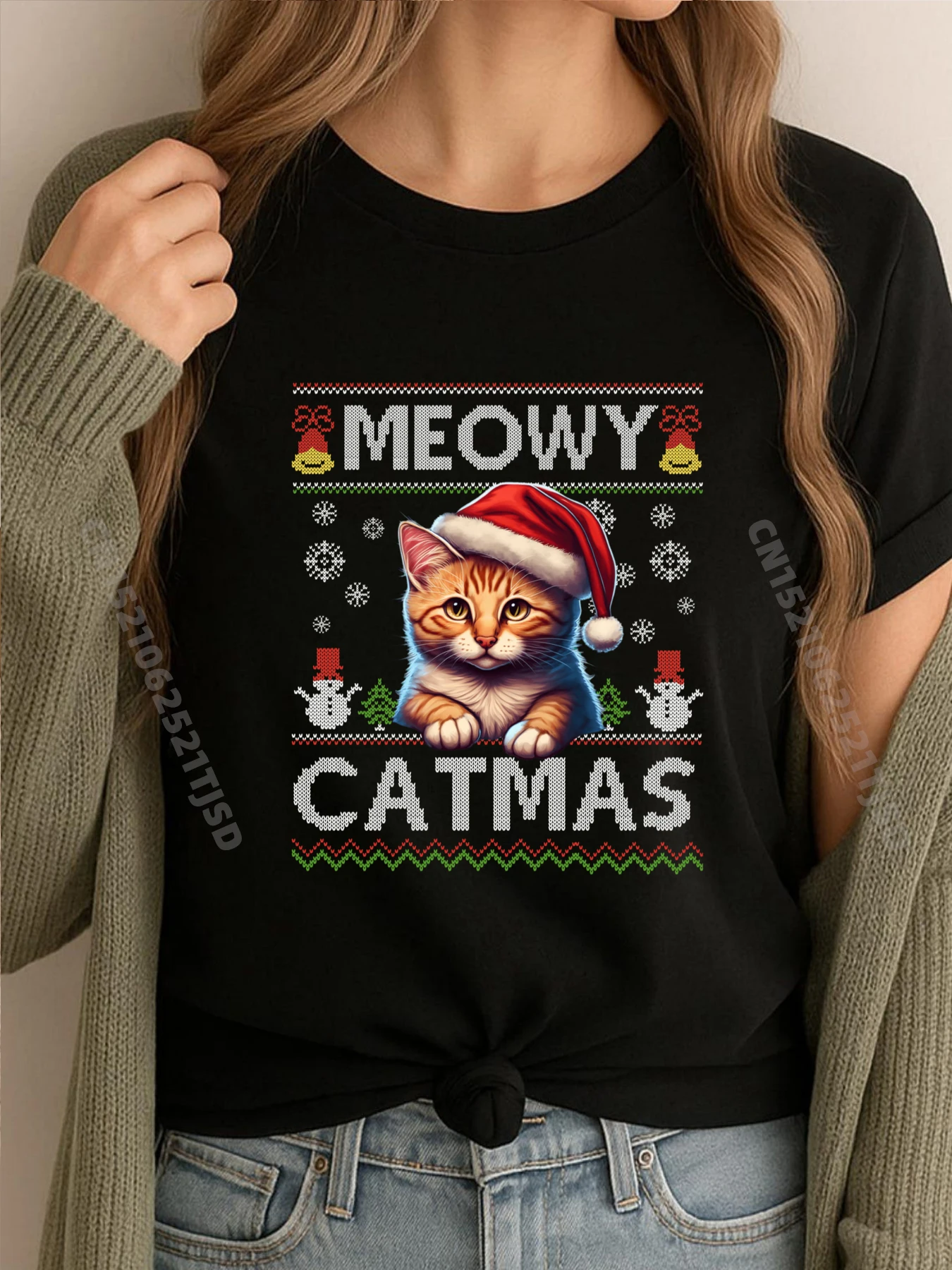 

Meowy Catmas Cat Santa Christmas Kitten Xmas Ugly Plus Size Женская одежда Футболка Homme