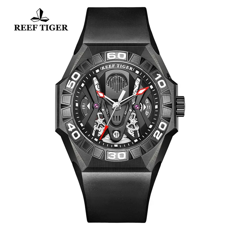 Reef Tiger/RT Men Sport Dive Watches Automatic Mechanical Skeleton Watch All Black Rubber Strap Waterproof 200M Men Watches