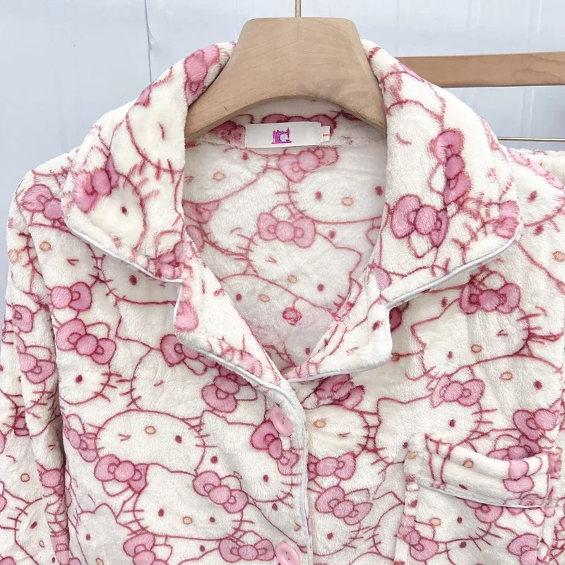 

Новые пижамы из кораллового флиса Hello Kitty, новые зимние утолщенные фланелевые теплые женские пижамы с героями мультфильмов, повседневная одежда из двух предметов для дома