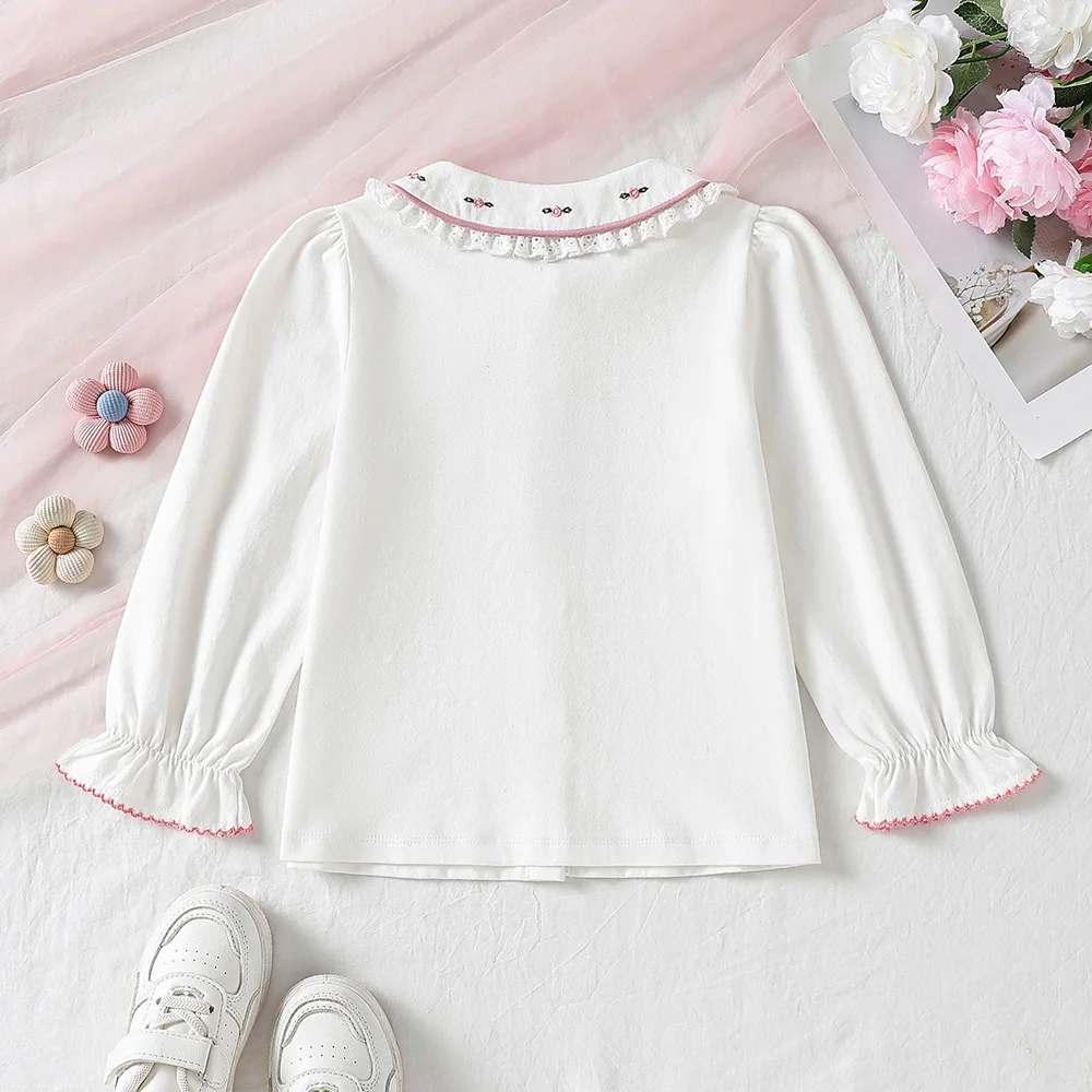 Baby Girls 2-6 Years 100% Cotton White Shirt Lace Trim Doll Collar Ruffle Long Sleeve Casual Tops